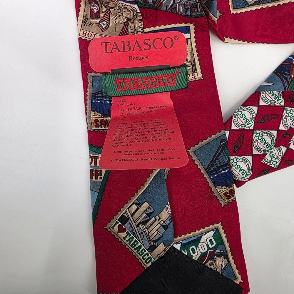 VINTAGE TABASCO TIE MENS RED POSTAGE STAMPS 100% SILK USA AOP NWT HOT SAUCE CHEF